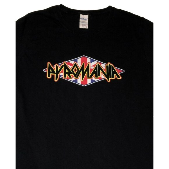 RARE PYROMANIA DEF LEPPARD T SHIRT SZ L BLACK UNION JACK LOGO CAP SLEEVE WOMENS - Picture 2 of 5